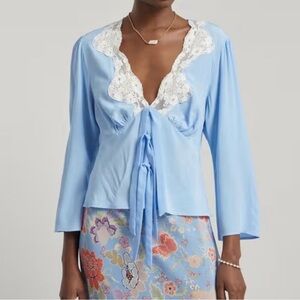 Rixo Rochelle V-neck blouse in sky blue with lace trim Size Small FLAWS